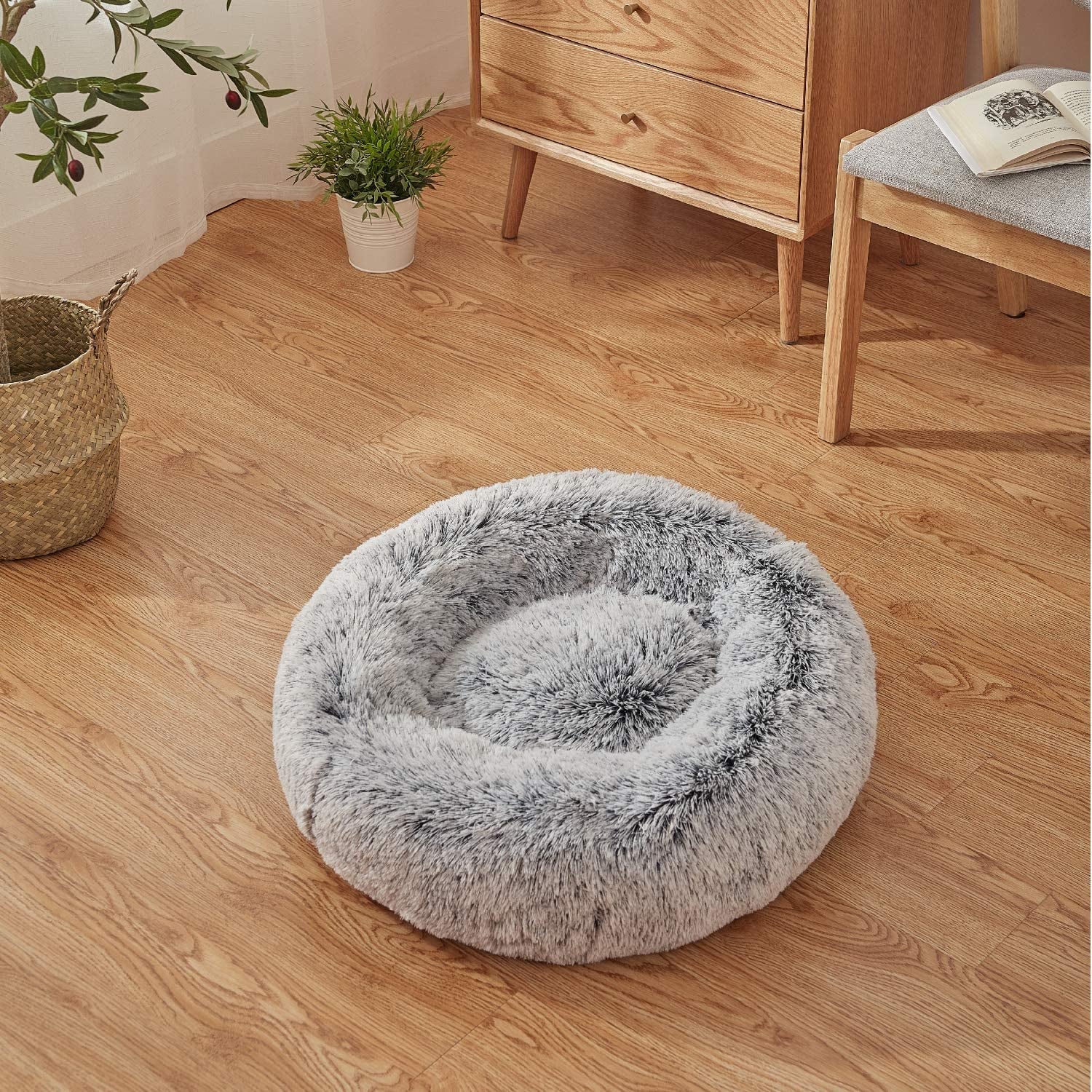 23 Inches Fluffy round Calming Dog Bed Plush Faux Fur, Anxiety Donut Dog Bed for Small Dogs and Cats, Pet Cat Bed with Raised Rim, Machine Washable, Light Grey