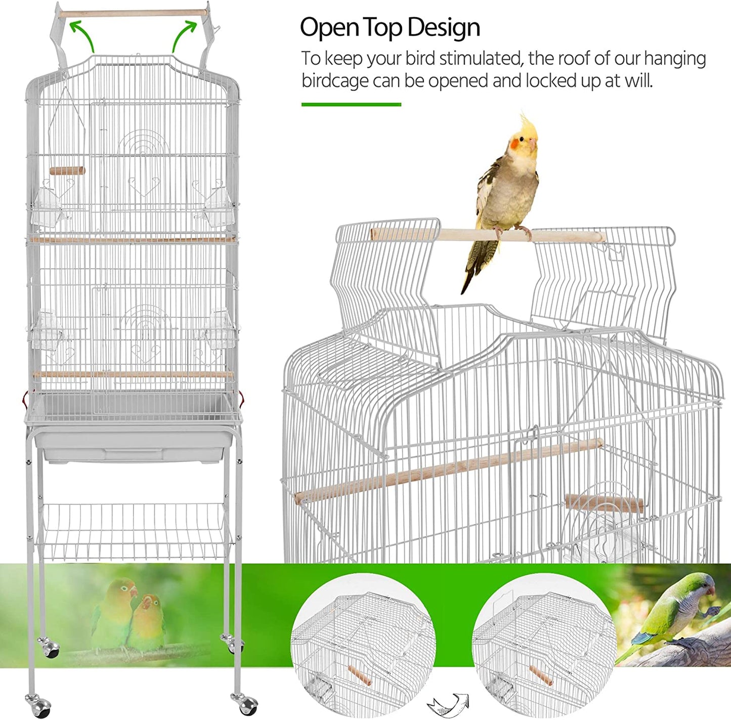64Inch Height Open Top Bird Cage Metal Parrot Cage W/Detachable Rolling Stand for Medium Small Parrot Parakeet Birds