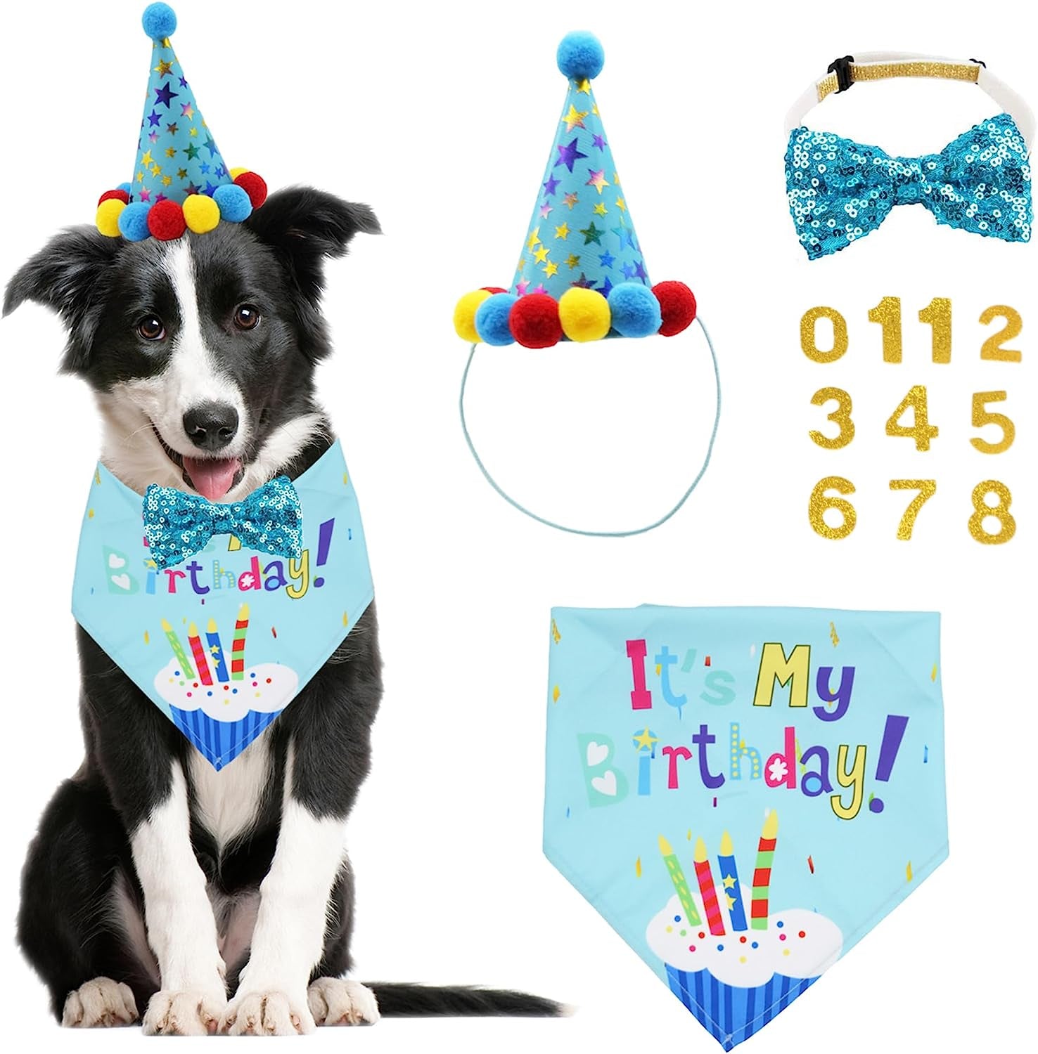 Birthday Bandana Scarf for Dog Girl Boy, Party Hat with Cute Bow Tie for Small Medium Large Pet (Large, Blue)