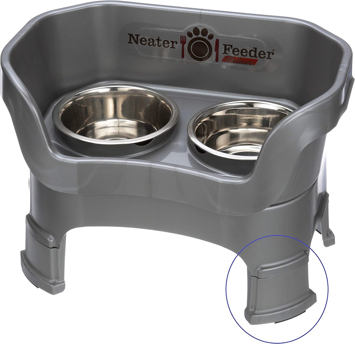 Neater Feeder Deluxe with Leg Extensions for Medium Dogs - Mess Proof Pet Feeder with Stainless Steel Food & Water Bowls - Drip Proof, Non-Tip, and Non-Slip - Gunmetal Grey