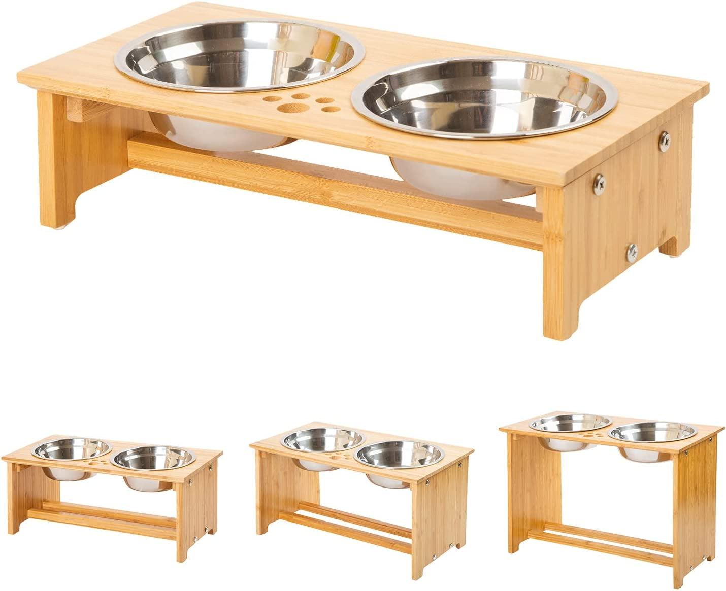 Raised Pet Bowls for Cats and Small Dogs, Bamboo Elevated Dog Cat Food and Water Bowls Stand Feeder with 2 Stainless Steel Bowls and anti Slip Feet (4'' Tall-20 Oz Bowl)