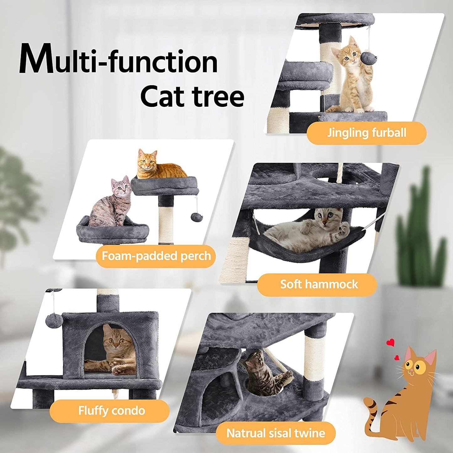 62.2Inches Cat Tree Cat Tower Cat Condo with Platform & Hammock, Scratching Posts for Kittens Pet Play House with Plush Perch for Indoor Activity Relaxing