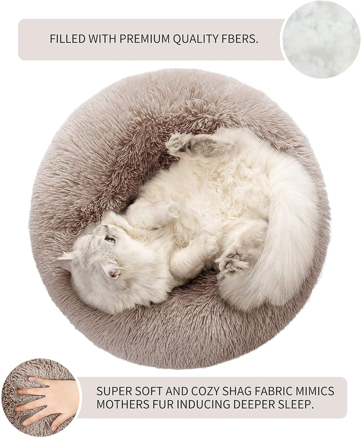 27In Cat Beds for Indoor Cats - Cat Bed with Machine Washable, Waterproof Bottom - Taupe Fluffy Dog and Cat Calming Cushion Bed for Joint-Relief and Sleep Improvement