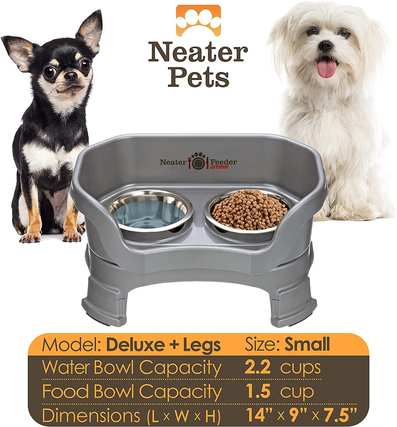 Neater Feeder Deluxe with Leg Extensions for Small Dogs - Mess Proof Pet Feeder with Stainless Steel Food & Water Bowls - Drip Proof, Non-Tip, and Non-Slip - Gunmetal Grey