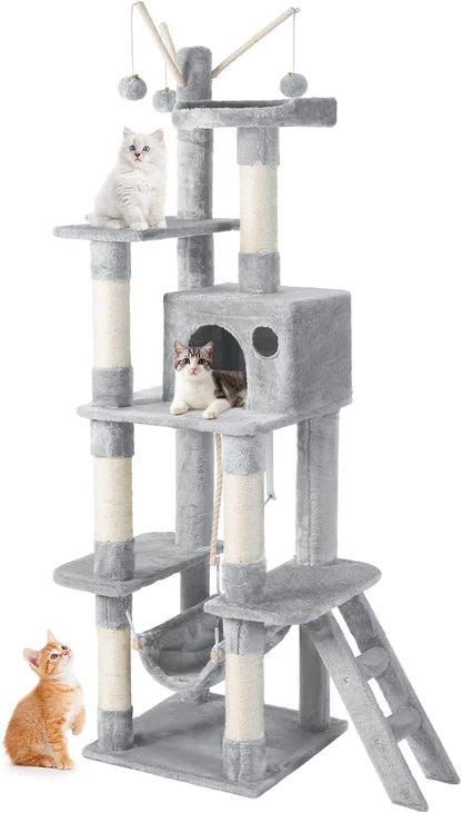 Cat Tree for Indoor Cats, 65.5 Inches Multi-Level Cat Tower Cat Tree with Hammock, Scratching Posts, Top Perch, Ladder, Cat Activity Tree Cat Condo with Toys, Cat Climbing Tower for Kitten Play