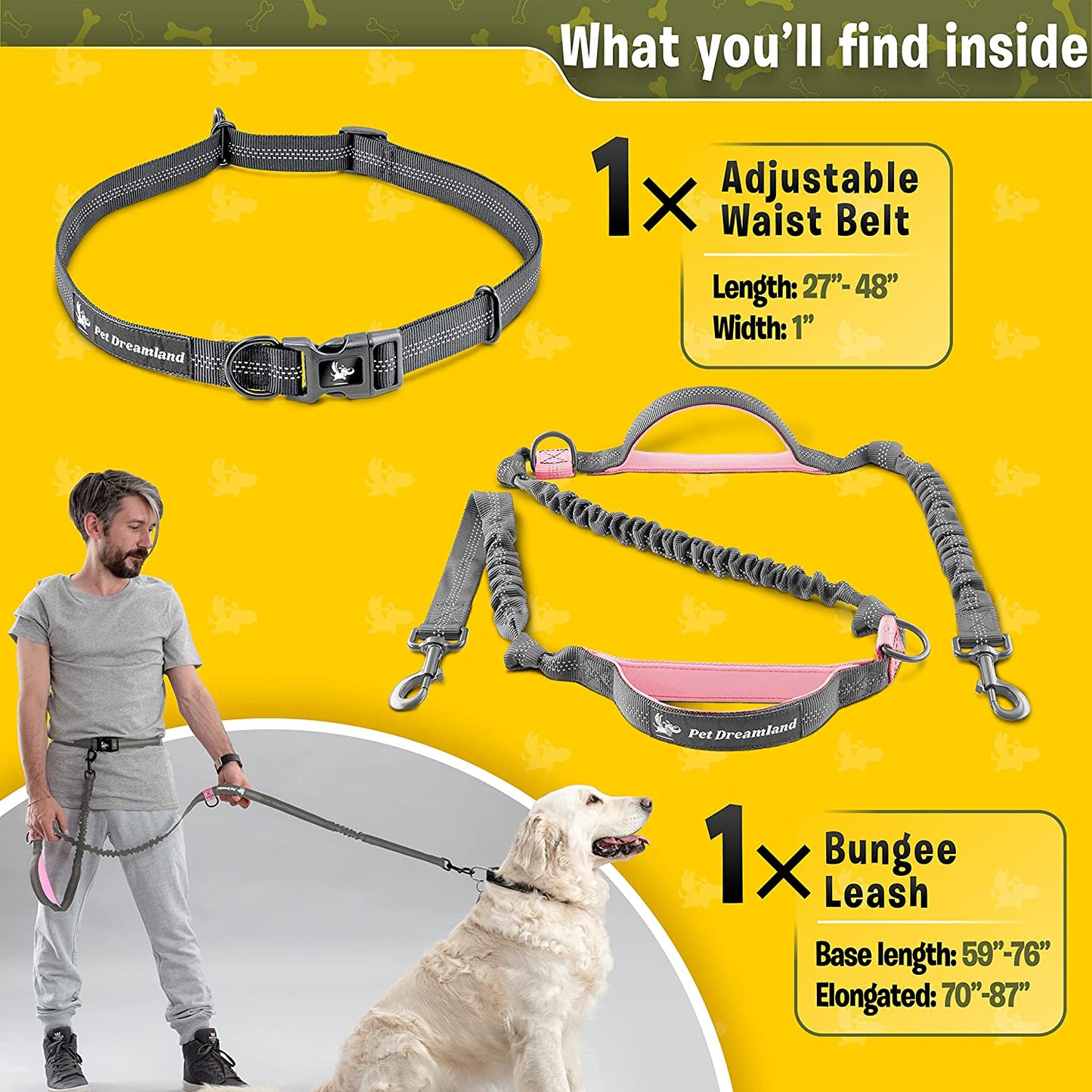Exquisite Dog Running Leash Hands Free | Waist Leash for Dog Walking | No Pull Dog Leash | Dog Hiking Gear | Service Dog Leash | Bungee Dog Leash | Hands Free Leash for Large Dogs