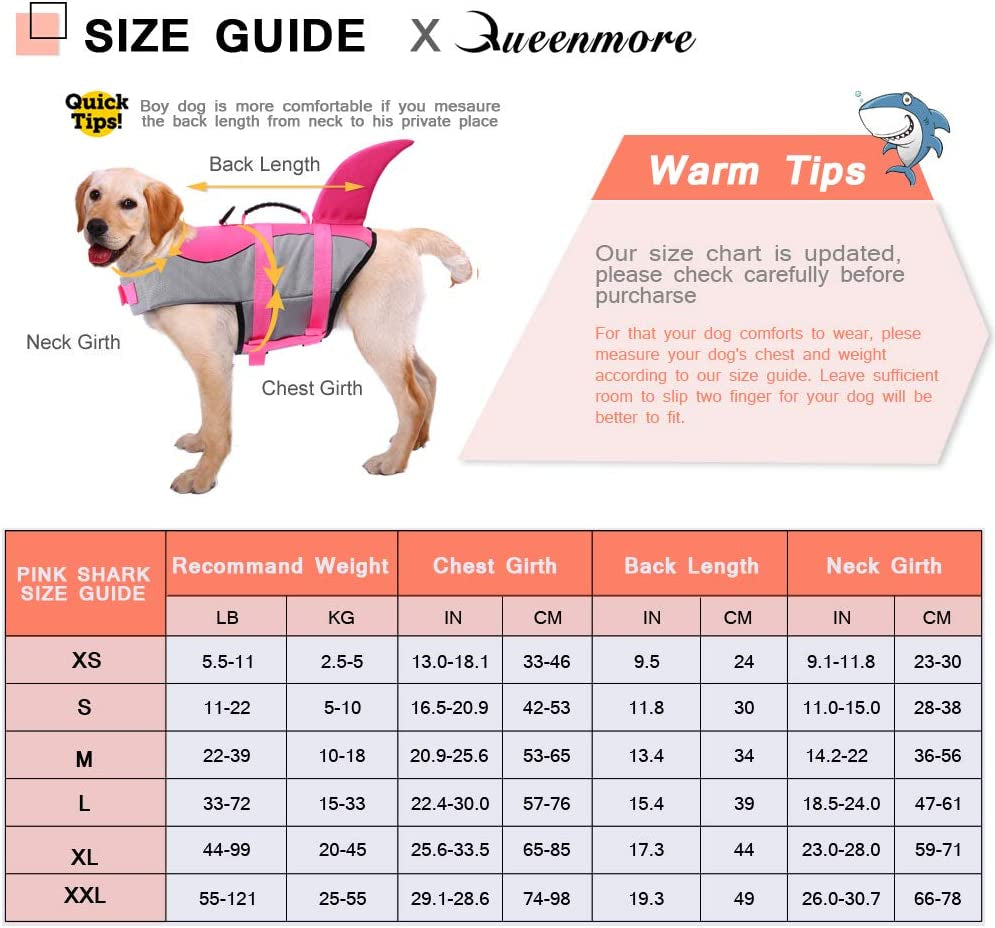 Dog Life Jacket Ripstop Shark Dog Safety Vest Adjustable Preserver with High Buoyancy and Durable Rescue Handle for Small,Medium,Large Dogs, Pink Shark X-Small