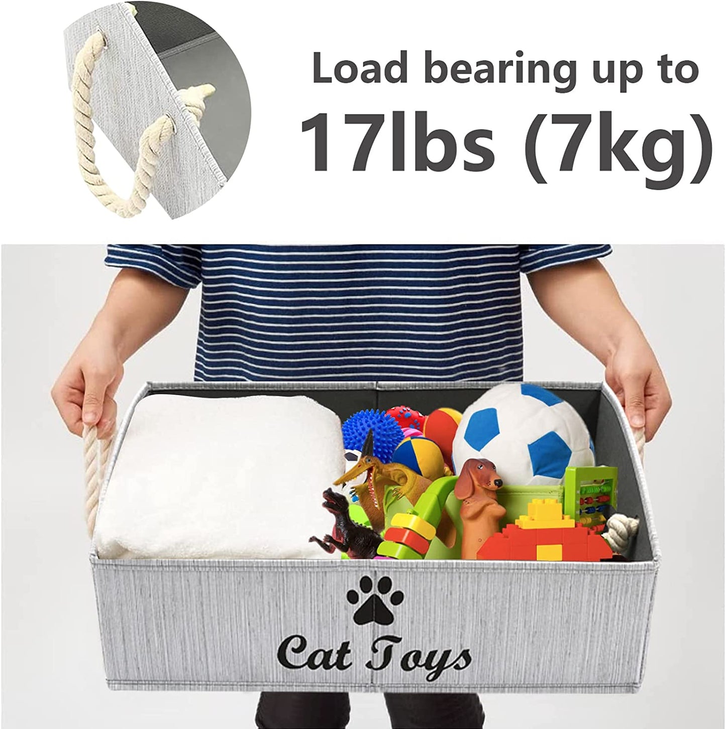 Large Cat Toys Storage Bins - Foldable Fabric Trapezoid Organizer Boxes with Weave Rope Handle, Collapsible Basket for Shelves,Cat Toys,Cat Apparel & Accessories(Gray-Cat)