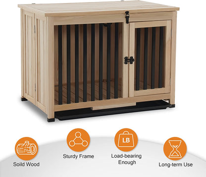 Mcombo Wooden Dog Crate Furniture, 33" Dog Kennel Pet House End Table, Solid Wood Portable Foldable Indoor Cage for Small/Medium Dogs, No Assembly Needed