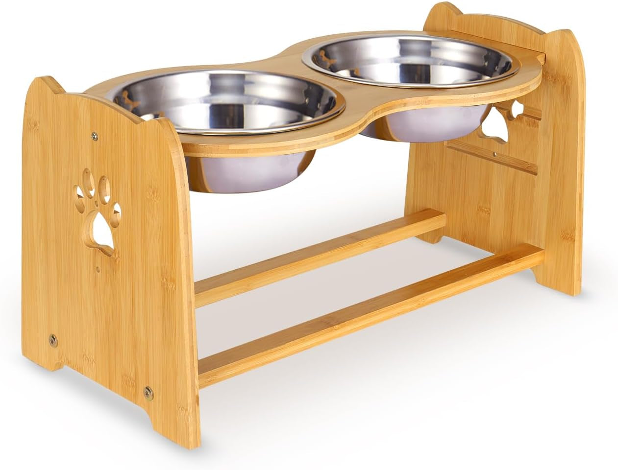 Elevated Dog Bowls for Cats and Dogs, Adjustable Bamboo Raised Dog Bowls for Large Dog, Food and Water Stand Feeder with 2 Stainless Steel Bowls anti Slip Feet (Height 5.1" to 7.5" to 10")…