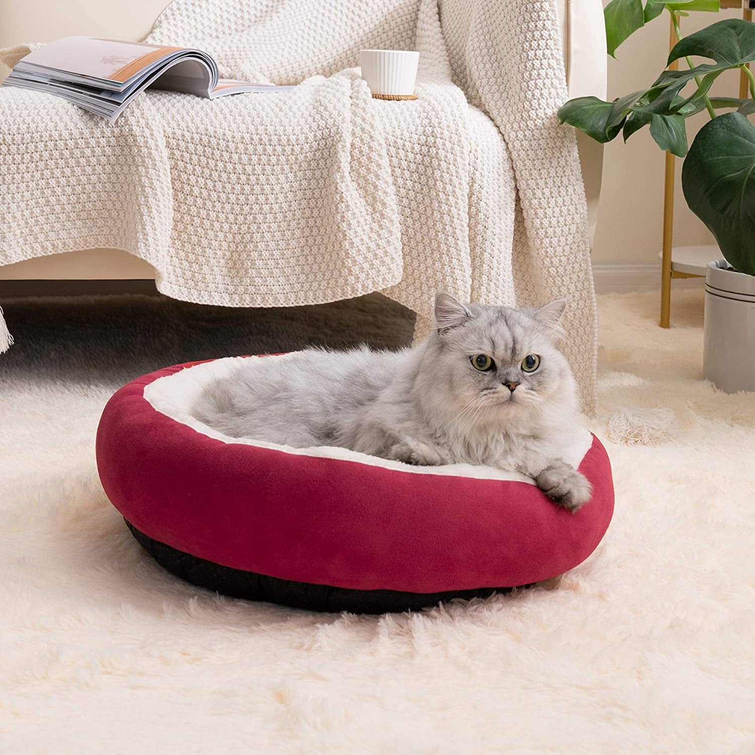 round Donut Cat and Dog Cushion Bed, 20In Pet Bed for Cats or Small Dogs, Anti-Slip & Water-Resistant Bottom, Super Soft Durable Fabric Pet Beds, Washable Luxury Cat & Dog Bed Red