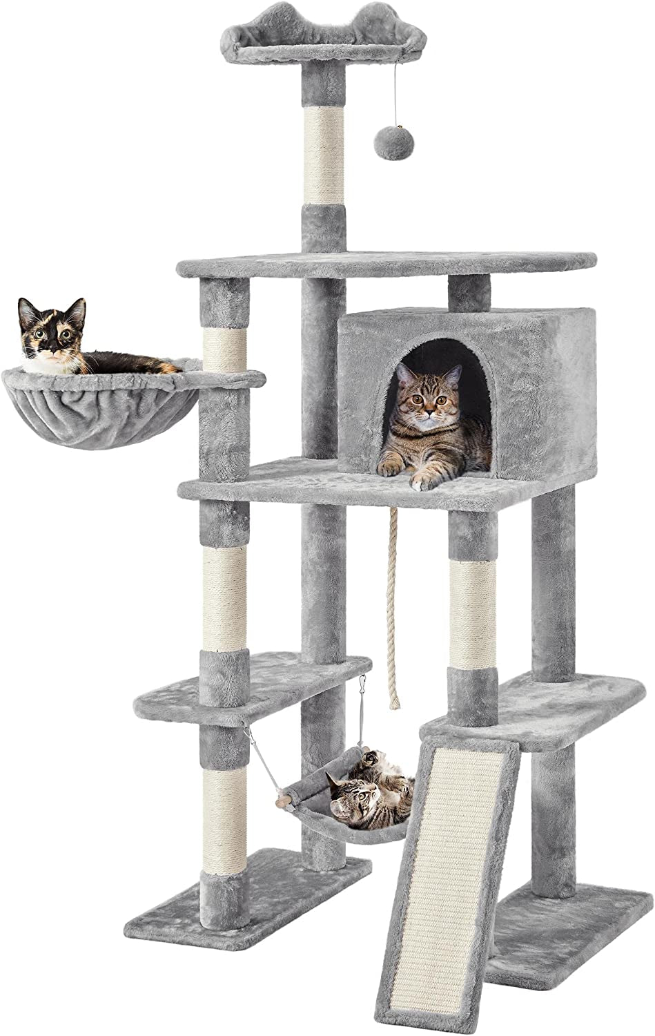 70 Inches Stable Cat Tree with Padded Platform, Replaceable Dangling Balls, Hammock, Basket and Condo, Cat Tower Furniture for Kittens, Cats and Pets