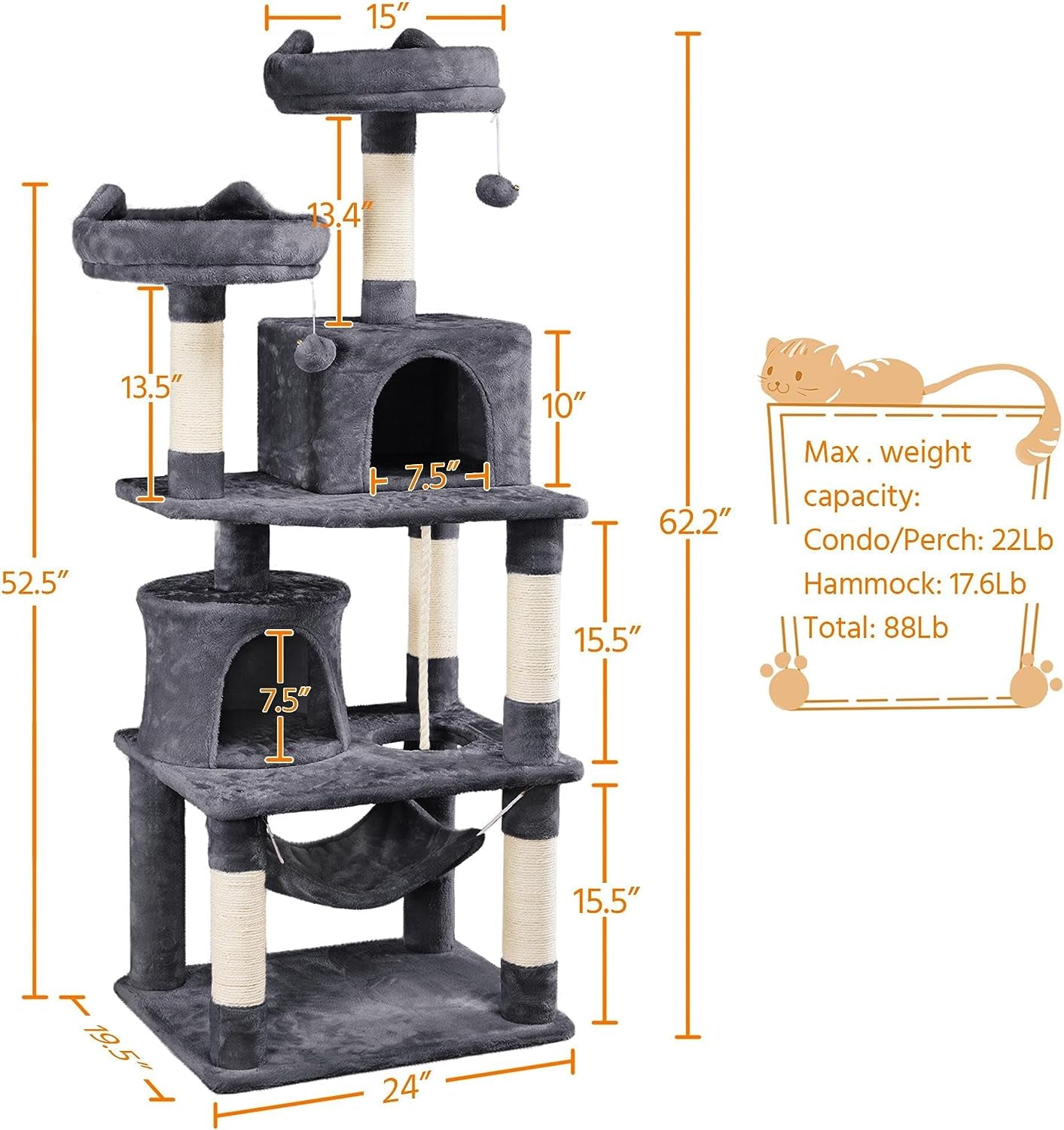 62.2Inches Cat Tree Cat Tower Cat Condo with Platform & Hammock, Scratching Posts for Kittens Pet Play House with Plush Perch for Indoor Activity Relaxing