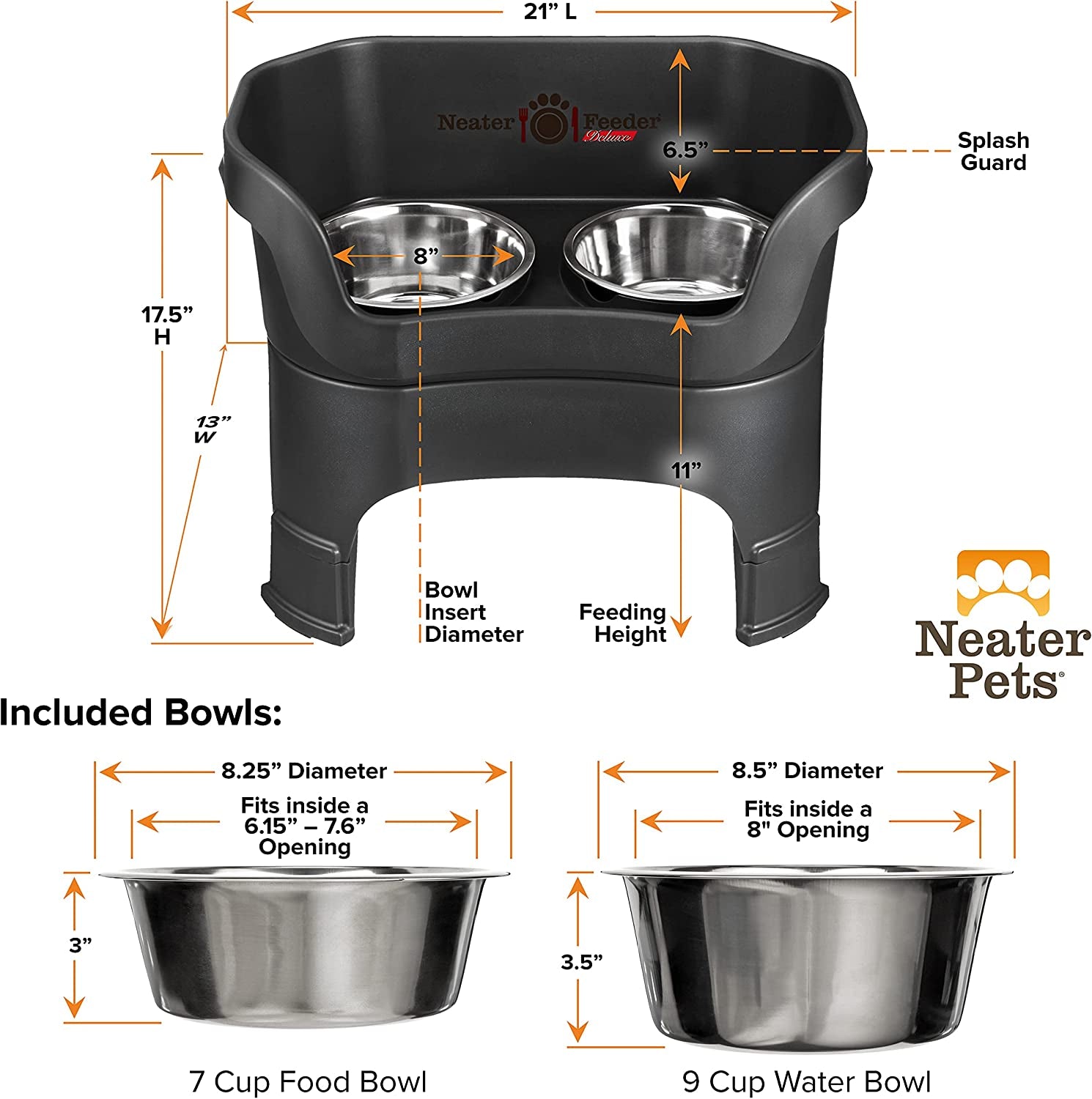 Neater Feeder Deluxe with Leg Extensions for Large Dogs - Mess Proof Pet Feeder with Stainless Steel Food & Water Bowls - Drip Proof, Non-Tip, and Non-Slip - Midnight Black