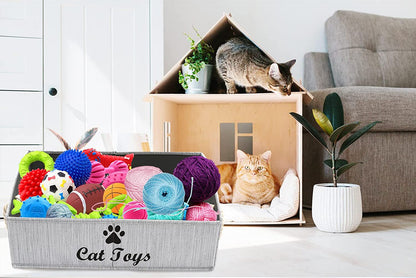 Large Cat Toys Storage Bins - Foldable Fabric Trapezoid Organizer Boxes with Weave Rope Handle, Collapsible Basket for Shelves,Cat Toys,Cat Apparel & Accessories(Gray-Cat)