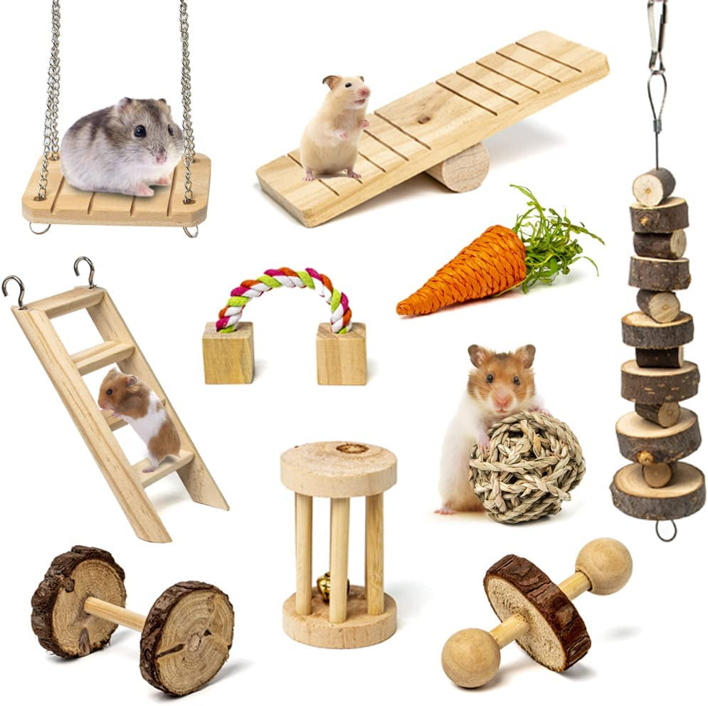 Hamster Chew Toys Set Natural Wooden Hamster Toys and Accessories for Cage Guinea Pig Chew Toys for Teeth Small Animal Toys Syrian Hamster Rats Chinchillas Gerbils Hamster Swing Seesaw