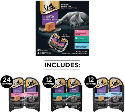 SHEBA PERFECT PORTIONS Paté Adult Wet Cat Food Trays (24 Count, 48 Servings), Signature Seafood Entrée, Easy Peel Twin-Pack Trays