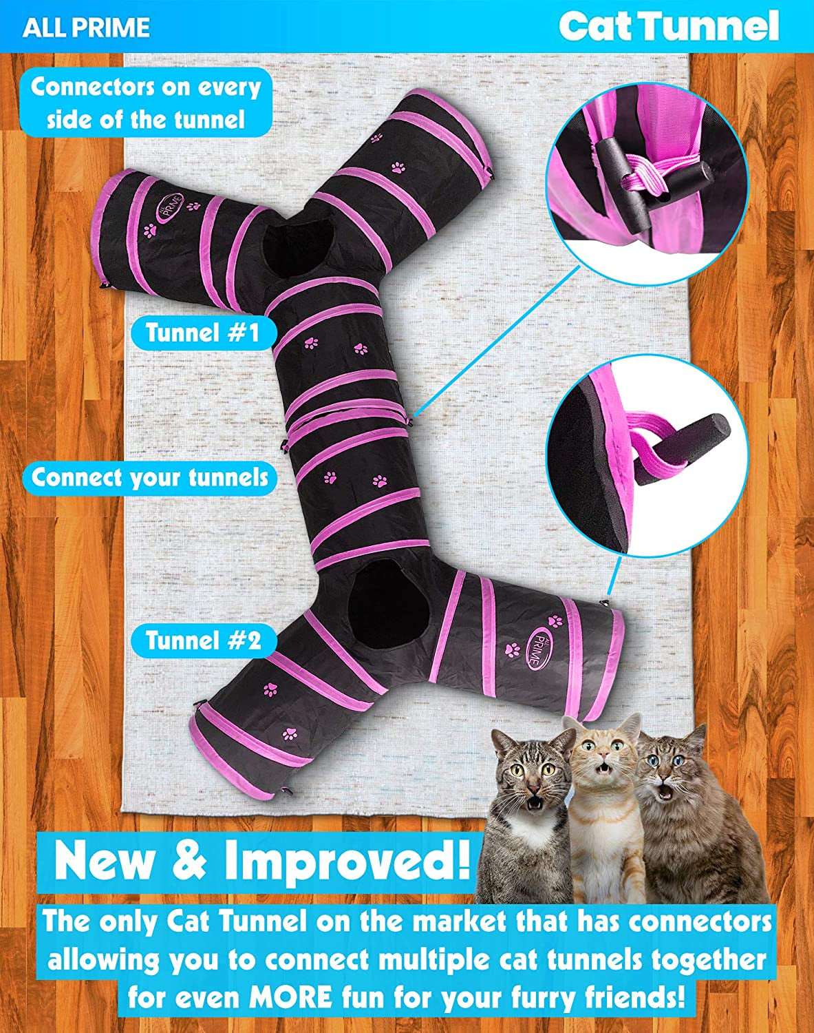 Cat Tunnel - Also Included Is a ($5 Value) Interactive Cat Toy - Toys for Cats - Cat Tunnels for Indoor Cats - Cat Tube - Collapsible 3 Way Pet Tunnel - Great Toy for Cats & Rabb (Pink)